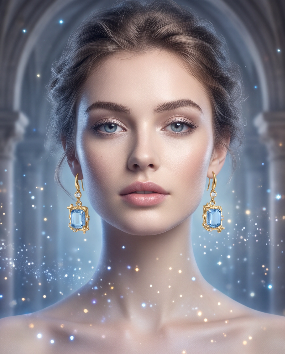 Model wearing gold tone aquamarine blue emerald-cut crystal star frame drop earrings in ethereal celestial portrait setting