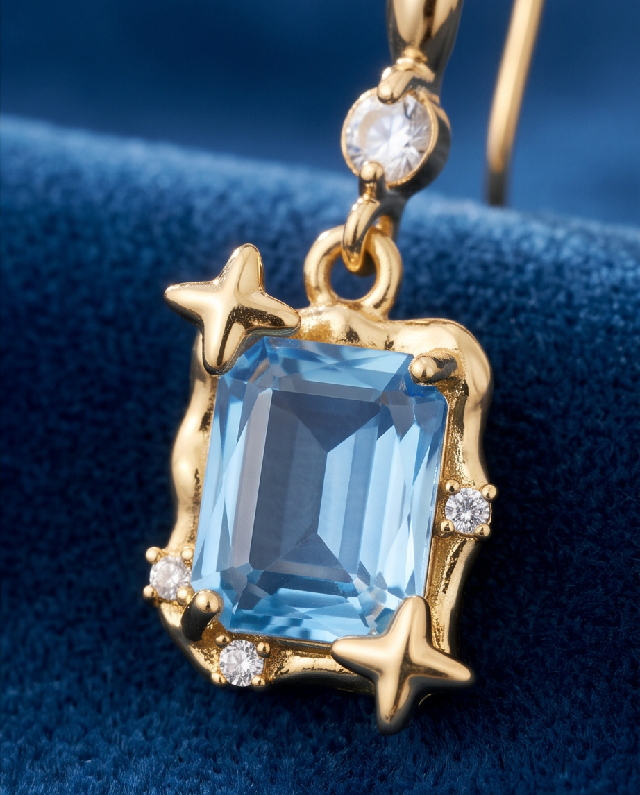 Macro close up of gold tone aquamarine blue emerald-cut crystal star frame drop earring on navy velvet showing star detail and crystal clarity