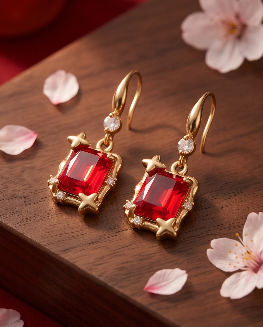 Model in red qipao with sleek updo wearing gold tone ruby red crystal star frame hook drop earring in Chinese lantern setting