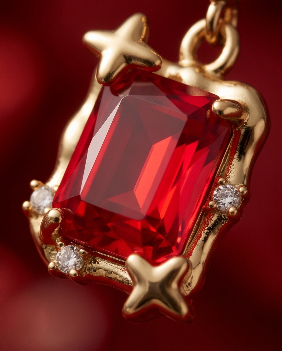 Pair of gold tone ruby red emerald-cut crystal star frame hook drop earrings on walnut wood with cherry blossom petals