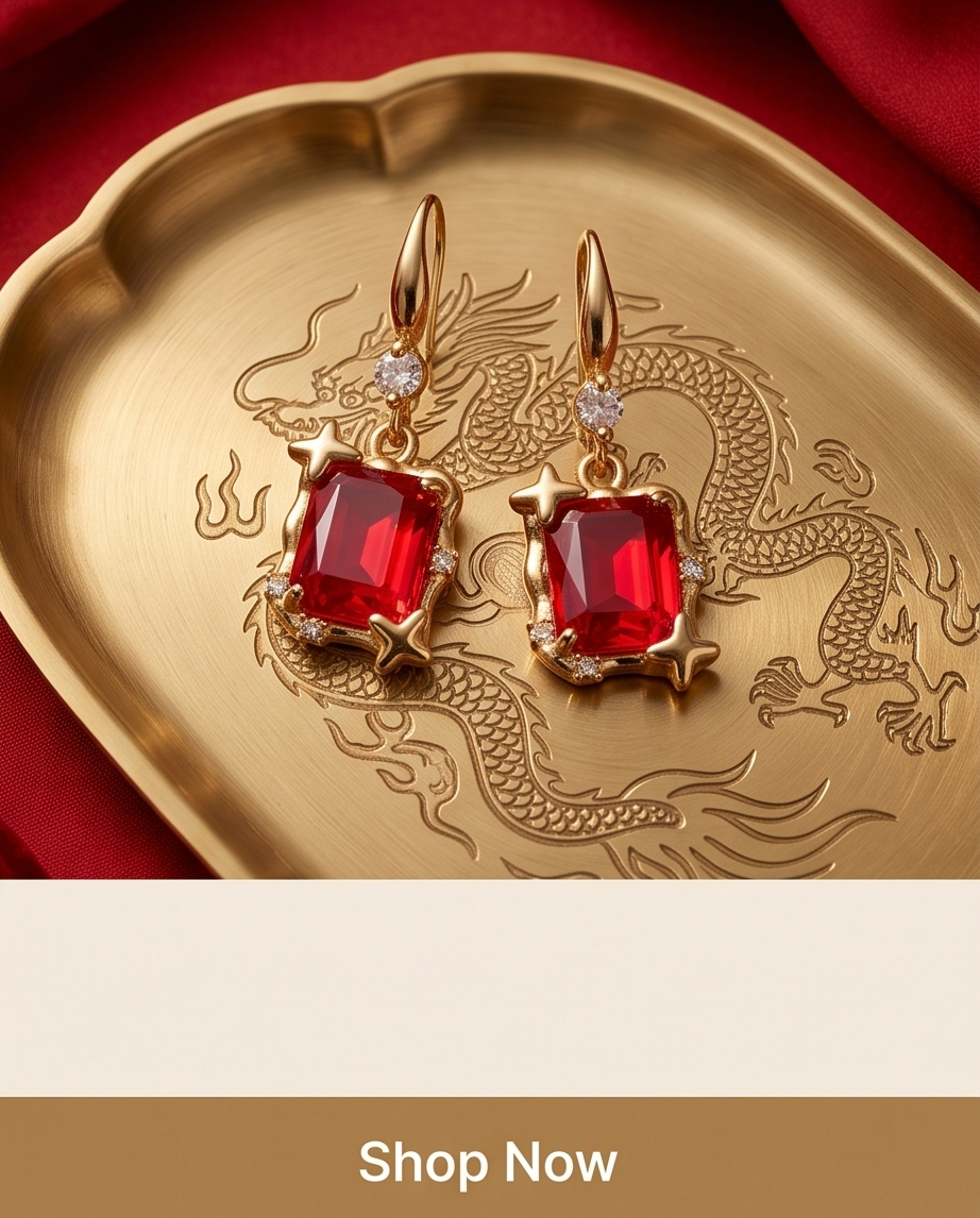 Pair of gold tone ruby red crystal star frame hook drop earrings on engraved gold dragon tray with red silk backdrop