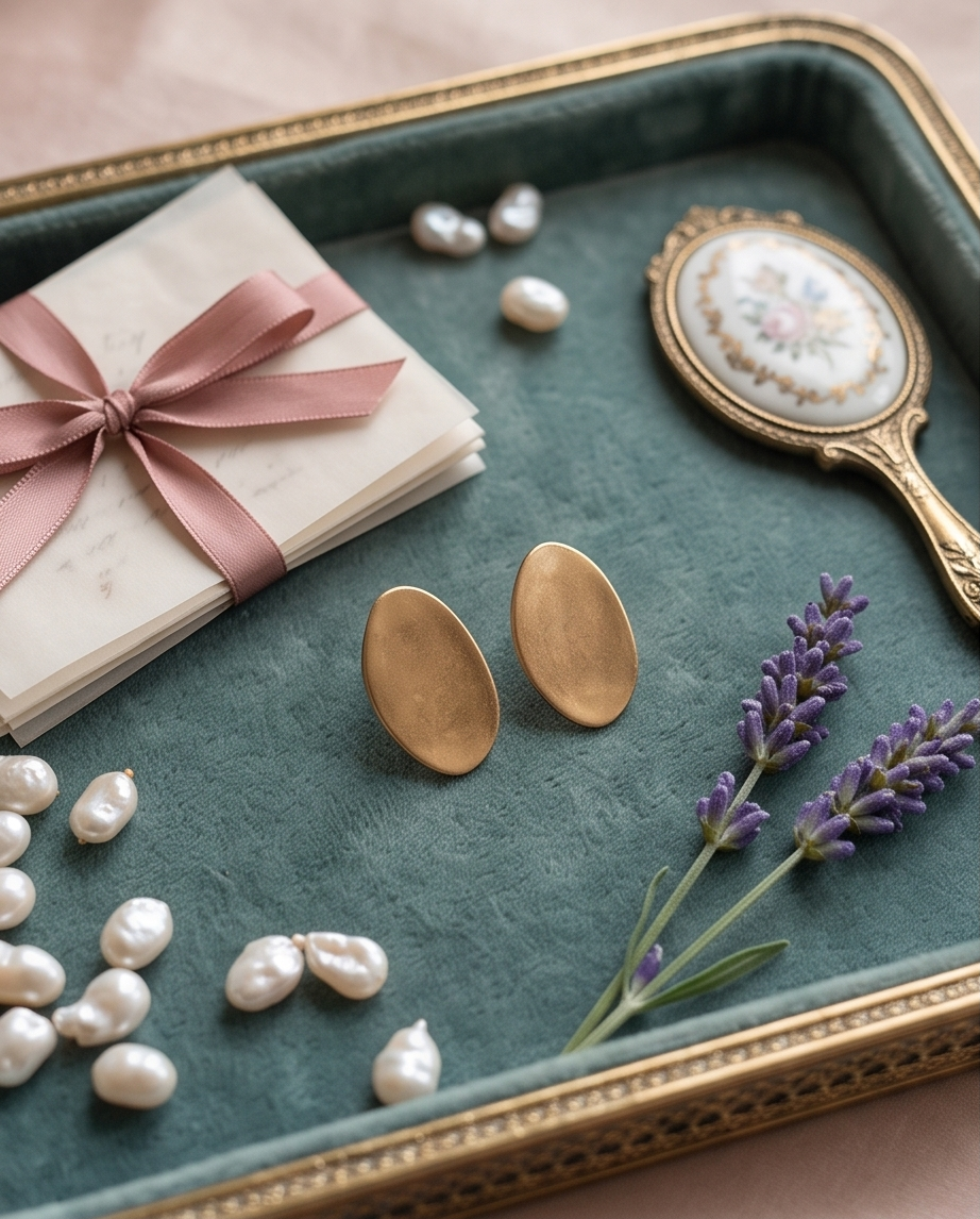 Pair of gold tone brushed oval disc stud earrings on green velvet tray with lavender sprigs, pearls, antique mirror and pink ribbon gift