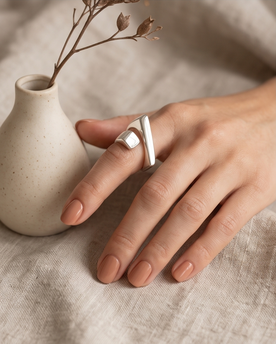 Model's hand on linen fabric beside ceramic bud vase with dried botanicals wearing 925 silver plated geometric bar and square signet wrap open adjustable ring — minimal Scandinavian editorial