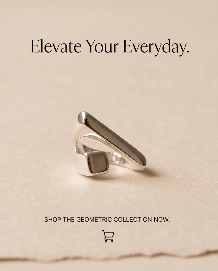 Elevate Your Everyday campaign image — 925 silver plated geometric bar and square signet wrap open adjustable ring on warm parchment background with Shop the Geometric Collection Now call to action