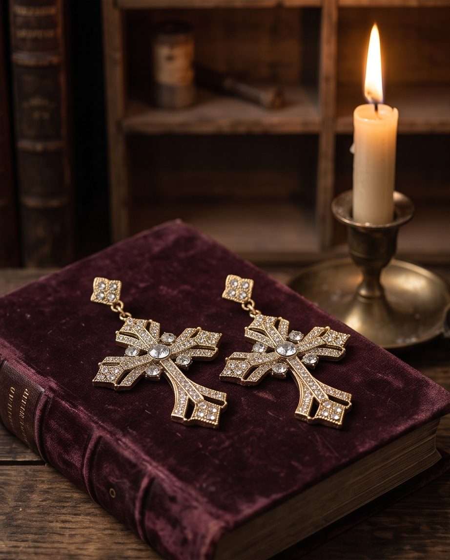 Pair of antique gold tone crystal pavé gothic cross drop earrings on purple velvet book beside brass candlestick with lit candle