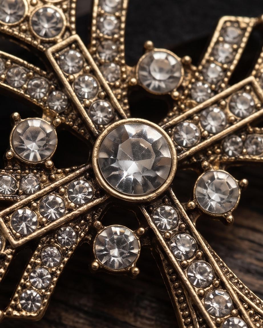 Macro close up of antique gold tone crystal pavé gothic cross drop earring centre stone and pavé arms showing intricate detail