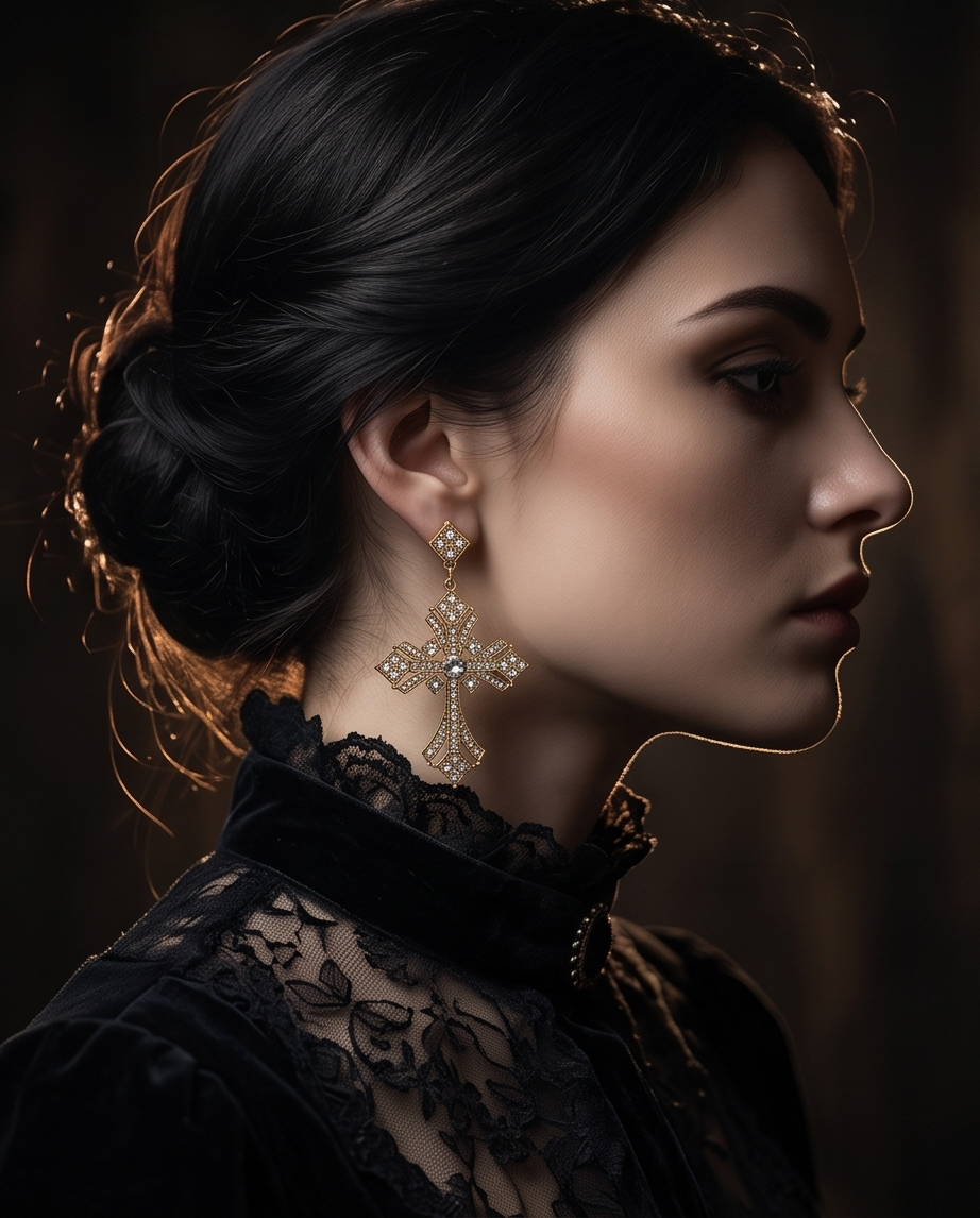 Model with dark hair updo wearing antique gold tone crystal pavé gothic cross drop earring with black lace Victorian collar in dramatic portrait