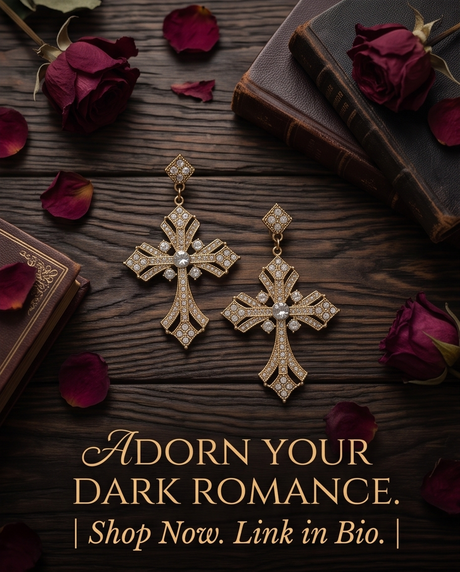 Pair of antique gold tone crystal pavé gothic cross drop earrings on dark wood with crimson rose petals and antique books — Adorn Your Dark Romance campaign image