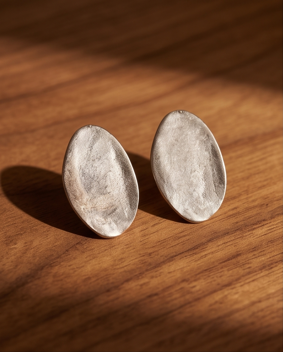 Model wearing silver tone brushed oval disc stud earring with low ponytail in warm Scandinavian interior setting