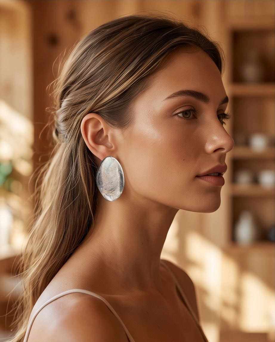 Macro close up of silver tone brushed oval disc stud earring standing upright on wood showing hammered satin texture