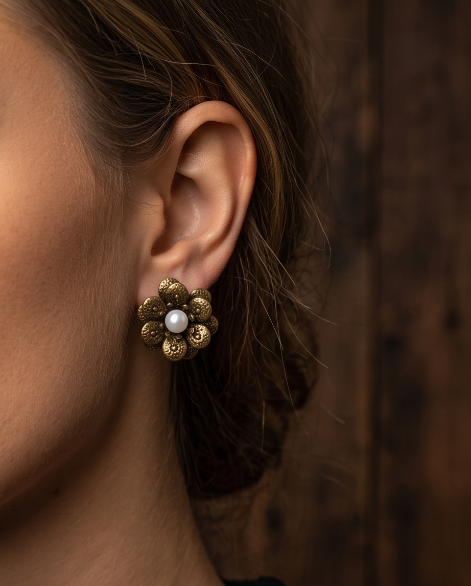 Macro close up of antique gold tone hammered petal flower pearl centre stud earring on rustic dark wood showing textured petal detail and white pearl centre