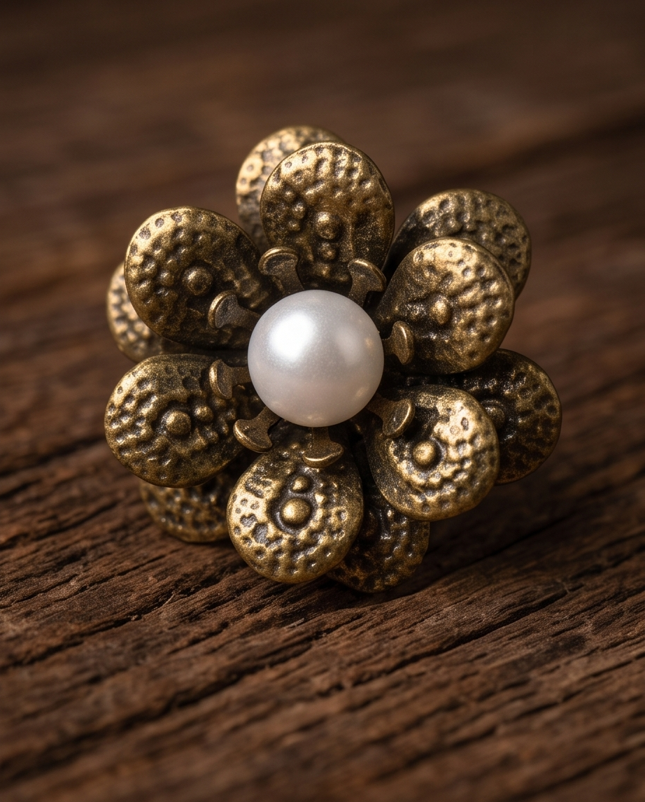 Model with wavy blonde hair wearing antique gold tone hammered petal flower pearl centre stud earring with black cashmere jumper in warm editorial portrait