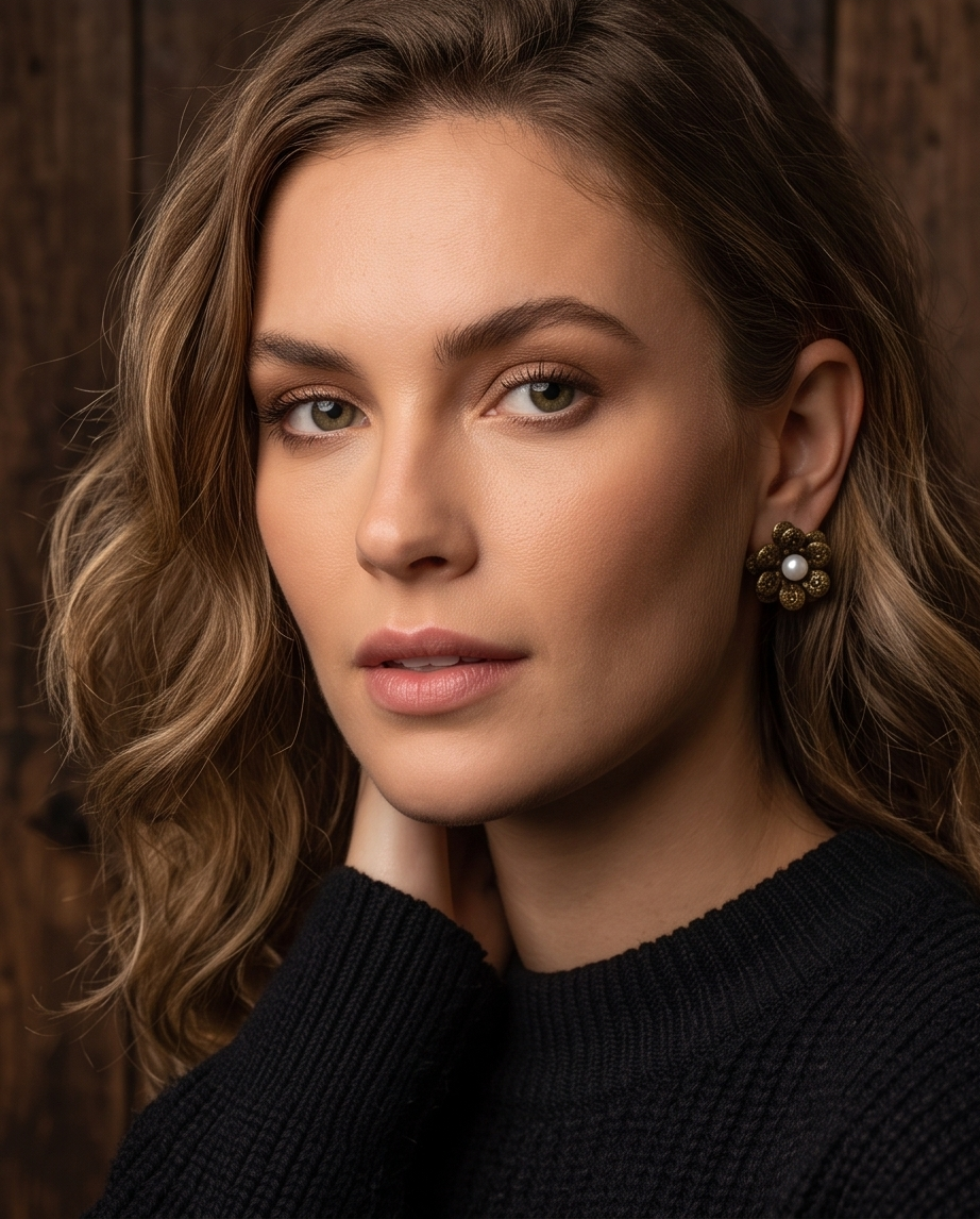 Close up on ear of antique gold tone hammered petal flower pearl centre stud earring showing petal form and pearl against brunette hair