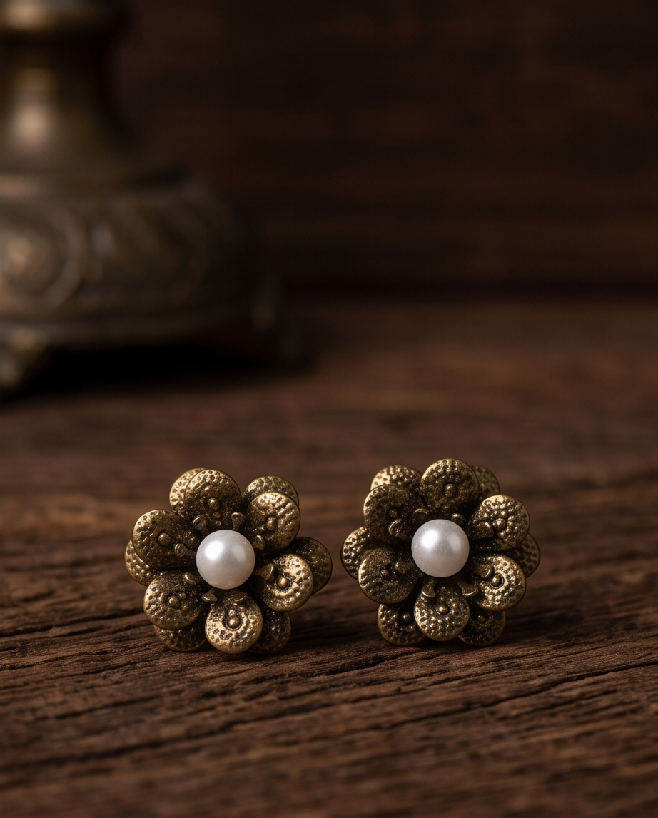 Pair of antique gold tone hammered petal flower pearl centre stud earrings on rustic dark wood with blurred brass ornament in background