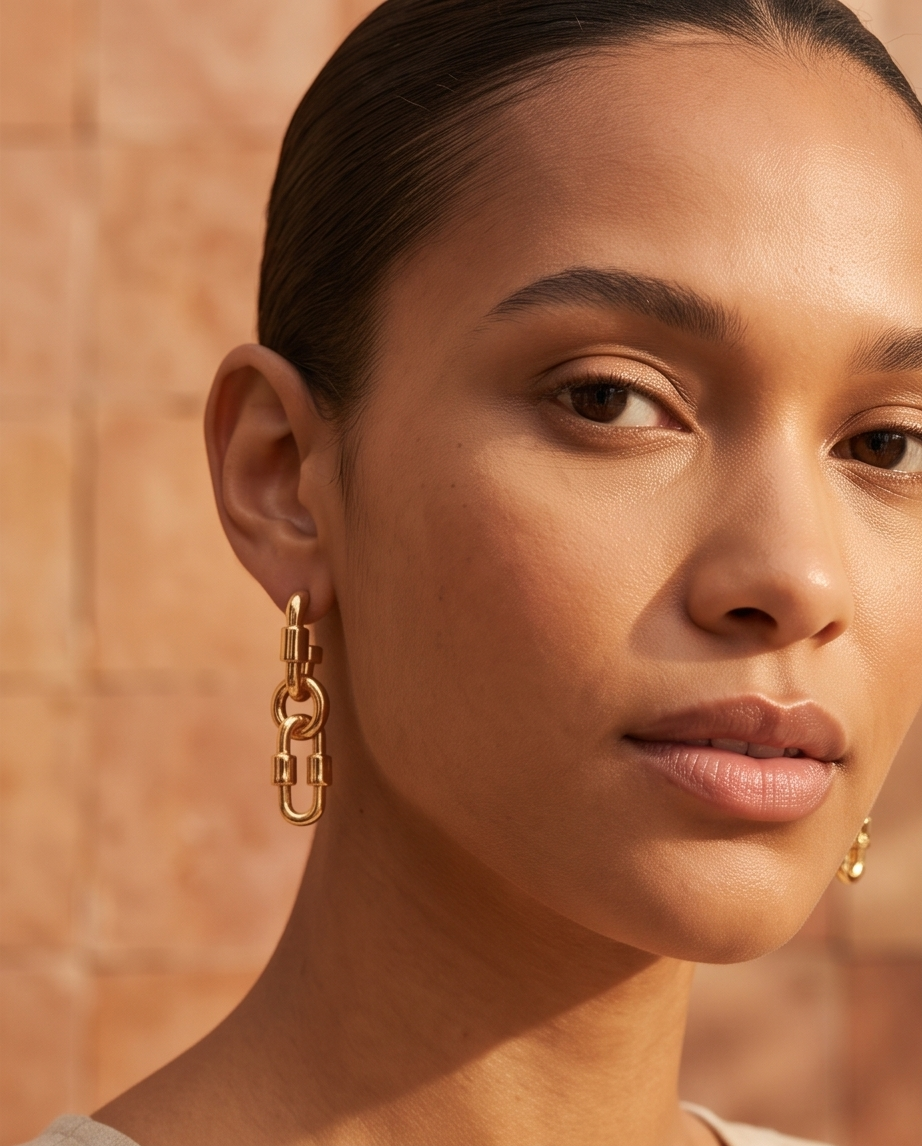 Model smiling in linen top wearing gold tone chunky interlocking oval chain link drop earrings against Moroccan tile wall in warm terracotta setting