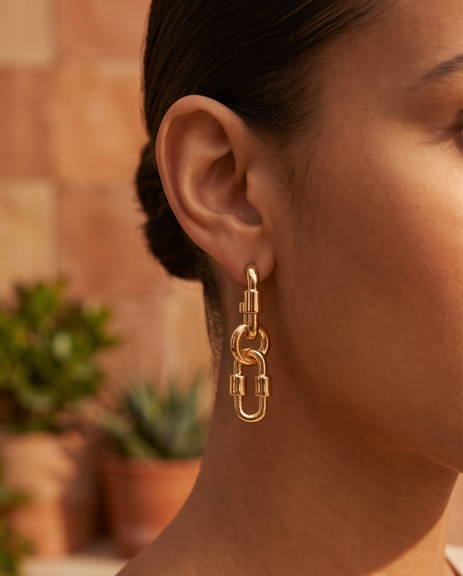 Pair of gold tone chunky interlocking oval chain link drop earrings on terracotta tile with clay pot — high polish gold Mediterranean flat lay