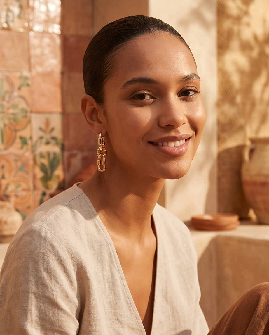 Close up editorial portrait of model wearing gold tone chunky interlocking oval chain link drop earring with sleek bun against warm terracotta brick wall