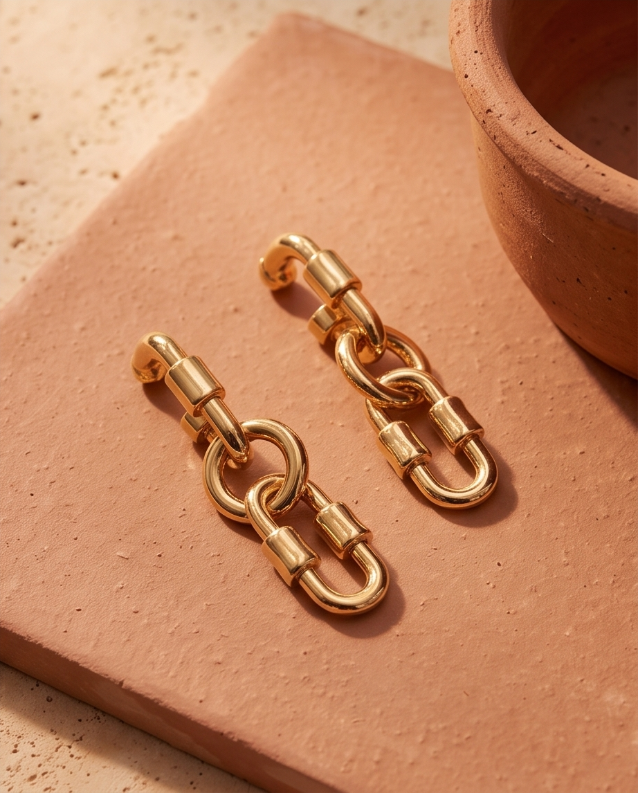 Ear close up of model wearing gold tone chunky interlocking oval chain link drop earring with potted plant and warm Mediterranean courtyard background