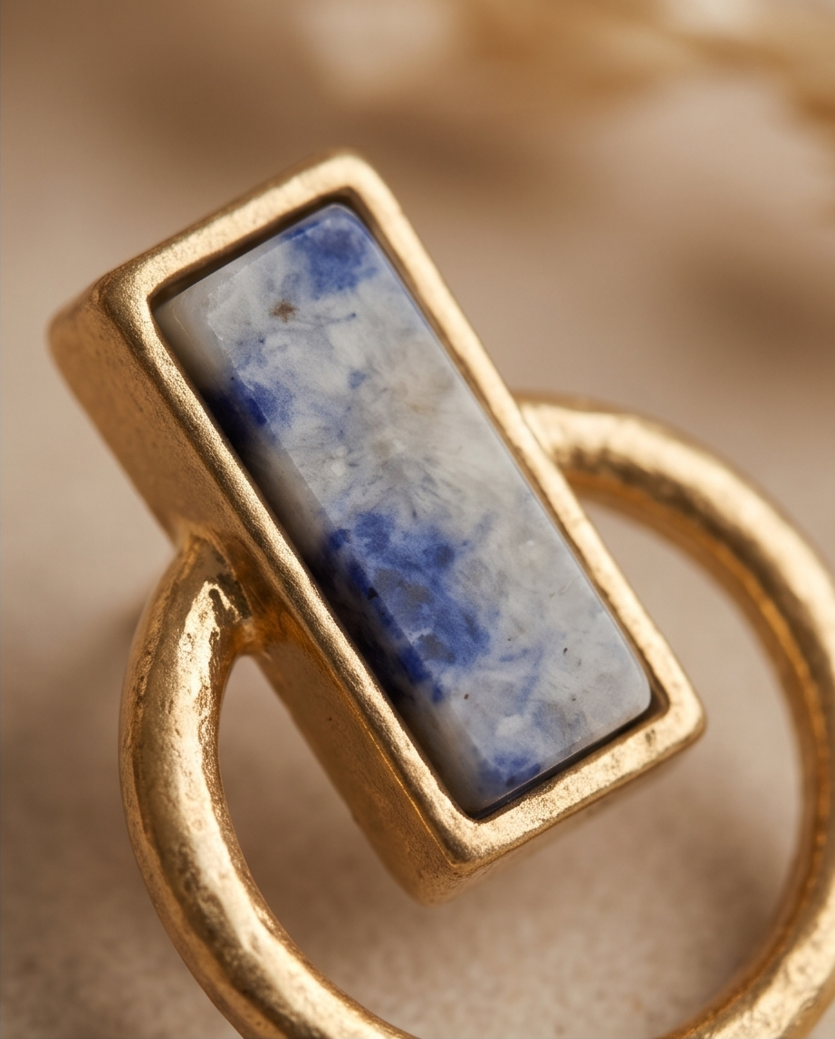 Pair of gold tone matte sodalite blue marble rectangle bezel open circle hoop drop earrings on ceramic plate with cotton flower and dried pampas grass
