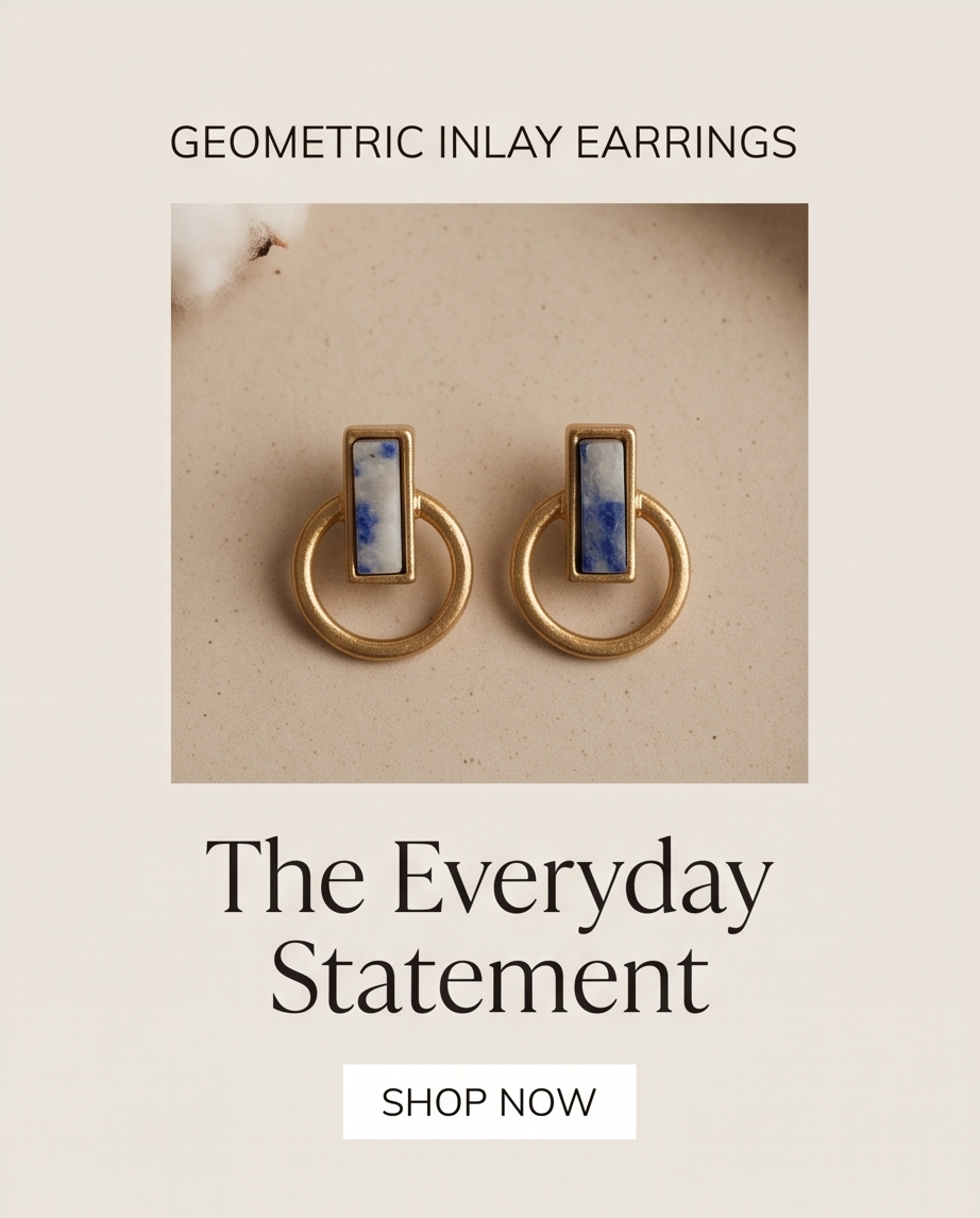 Geometric Inlay Earrings campaign image — The Everyday Statement — pair of gold tone sodalite blue marble rectangle hoop drop earrings on cream background