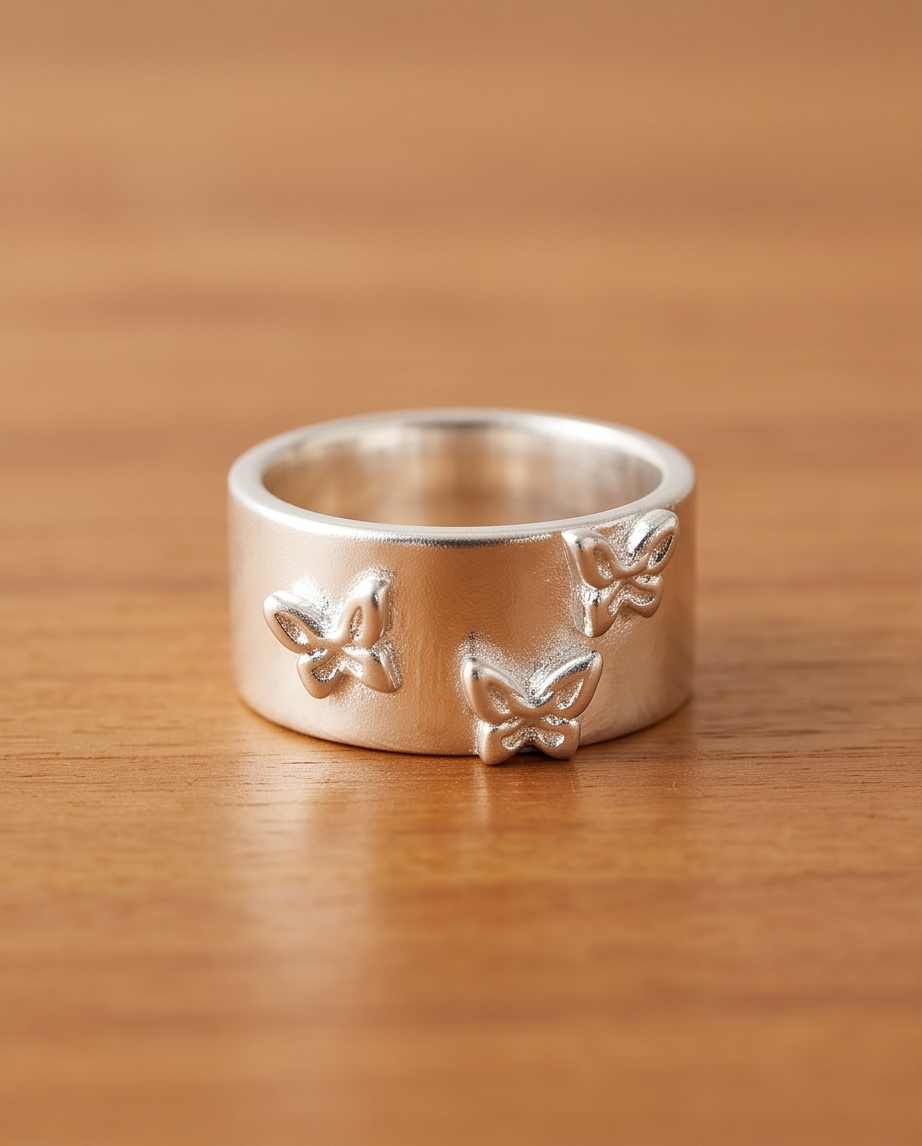 Model's hand resting on rustic wood wearing 925 silver plated matte wide band triple butterfly embossed adjustable ring in warm golden sunlight