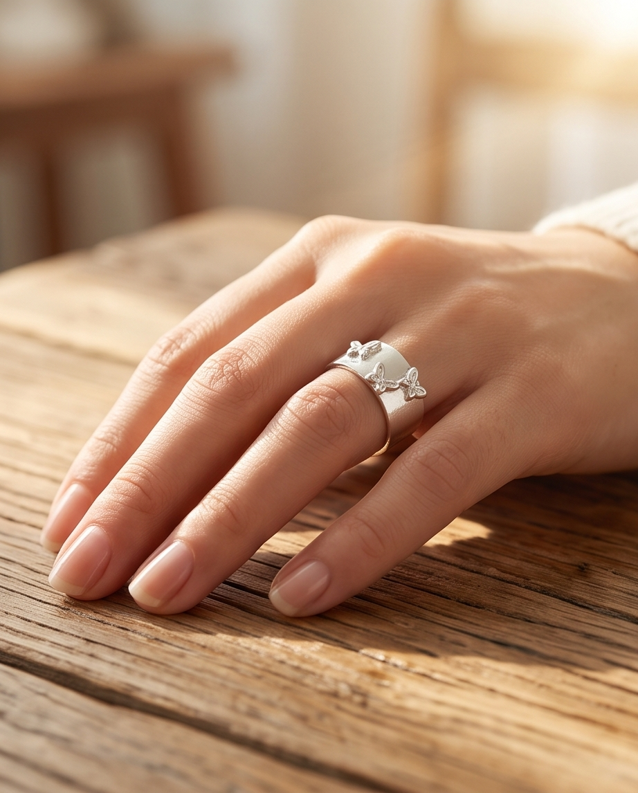 925 silver plated matte wide band triple butterfly embossed adjustable ring on square wooden tray showing full band profile and butterfly detail