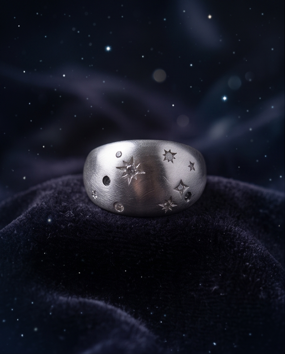 Model's hand on dark velvet with crescent moon ornaments and brass compass wearing 925 silver plated brushed dome constellation star engraved wide band ring — dark celestial editorial
