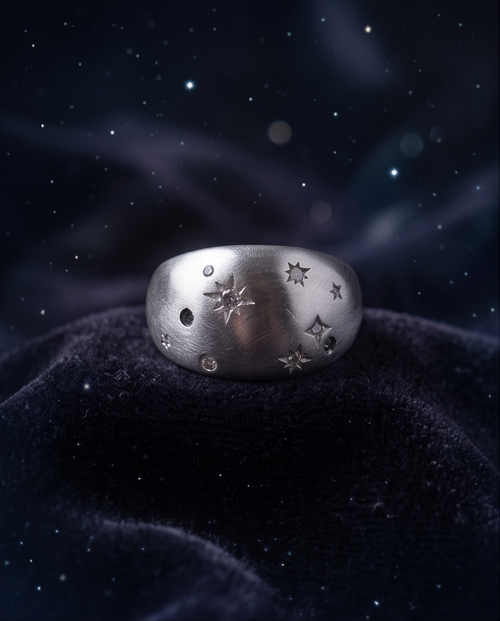 Model's hand on dark velvet with crescent moon ornaments and brass compass wearing 925 silver plated brushed dome constellation star engraved wide band ring — dark celestial editorial