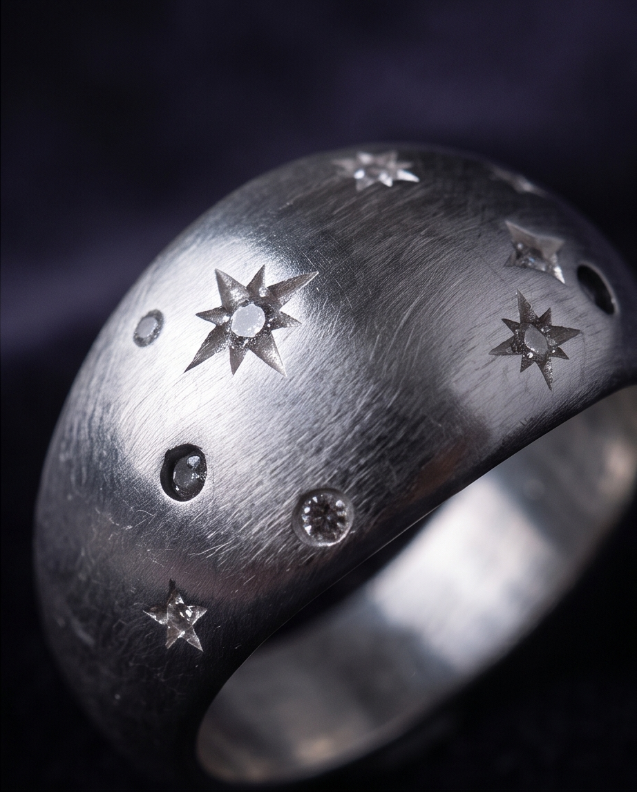 Macro close up of 925 silver plated brushed dome constellation star engraved wide band ring on dark background showing engraved eight-pointed stars and round crystal details across brushed dome surface