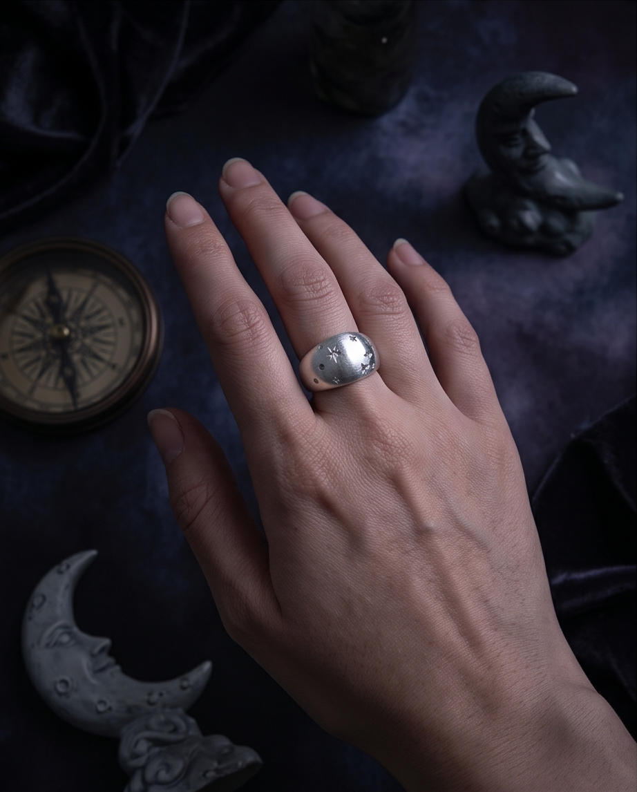 925 silver plated brushed dome constellation star engraved wide band ring on dark navy velvet cushion with starry night sky background — celestial editorial campaign