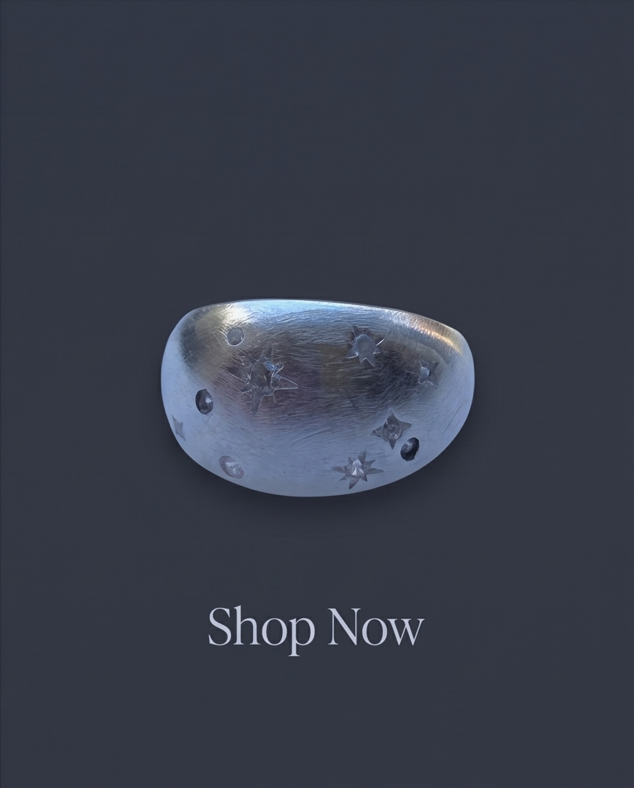 925 silver plated brushed dome constellation star engraved wide band ring floating on navy background with Shop Now text — product campaign shot