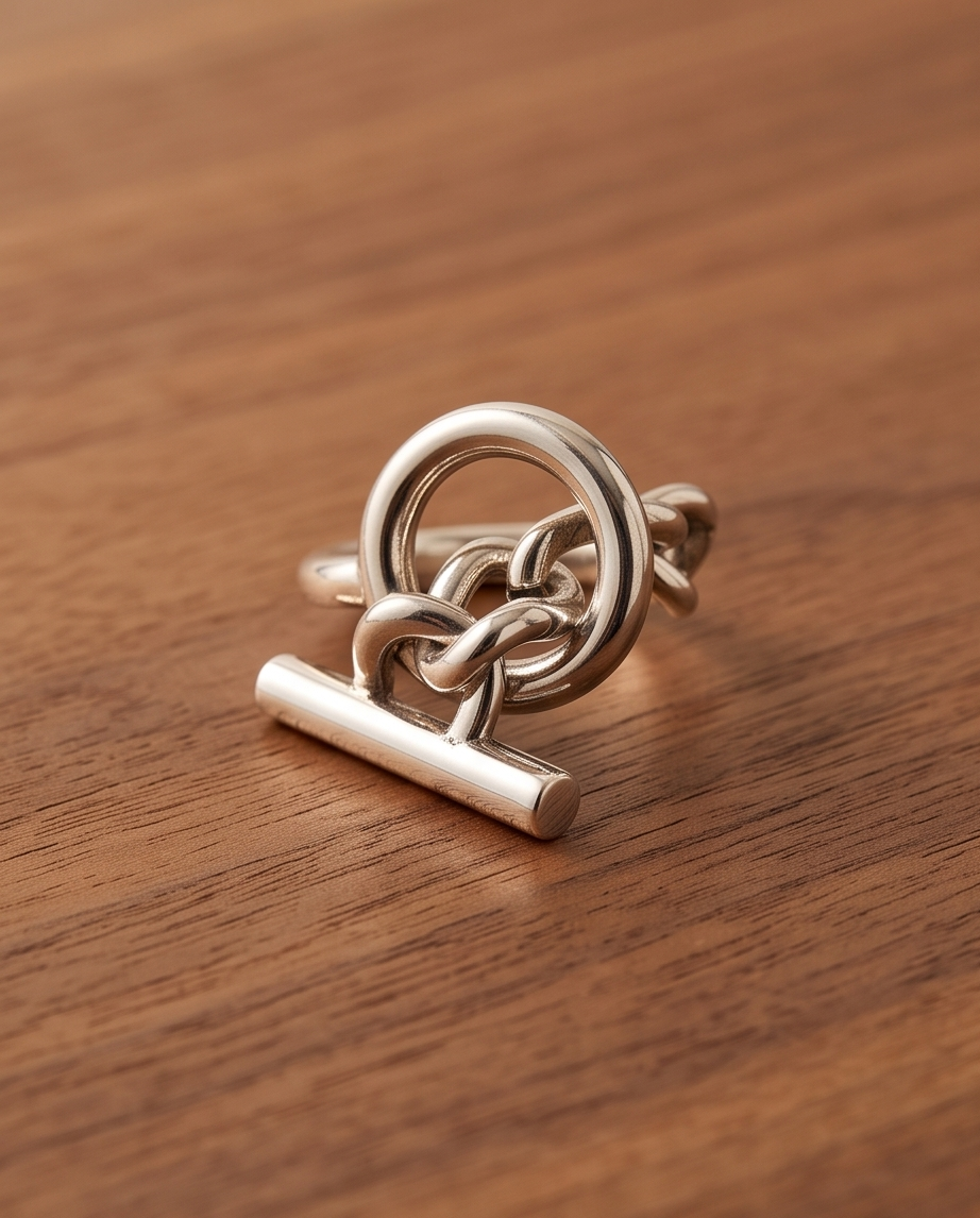 925 silver plated high polish celtic love knot circle toggle bar open adjustable ring on warm walnut wood surface in natural light showing full profile and toggle bar pendant