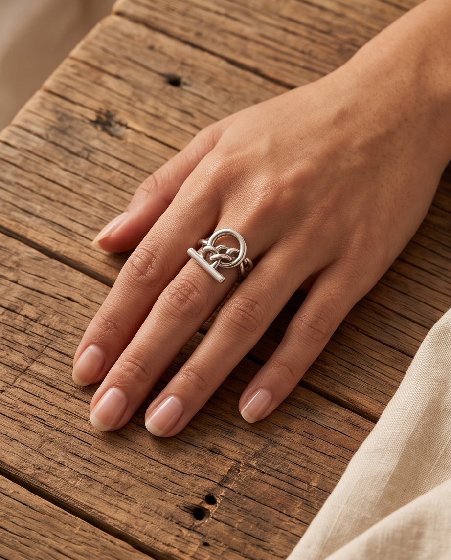 Model's hand resting on rustic wooden planks wearing 925 silver plated celtic love knot circle toggle bar open adjustable ring with cream linen fabric in background