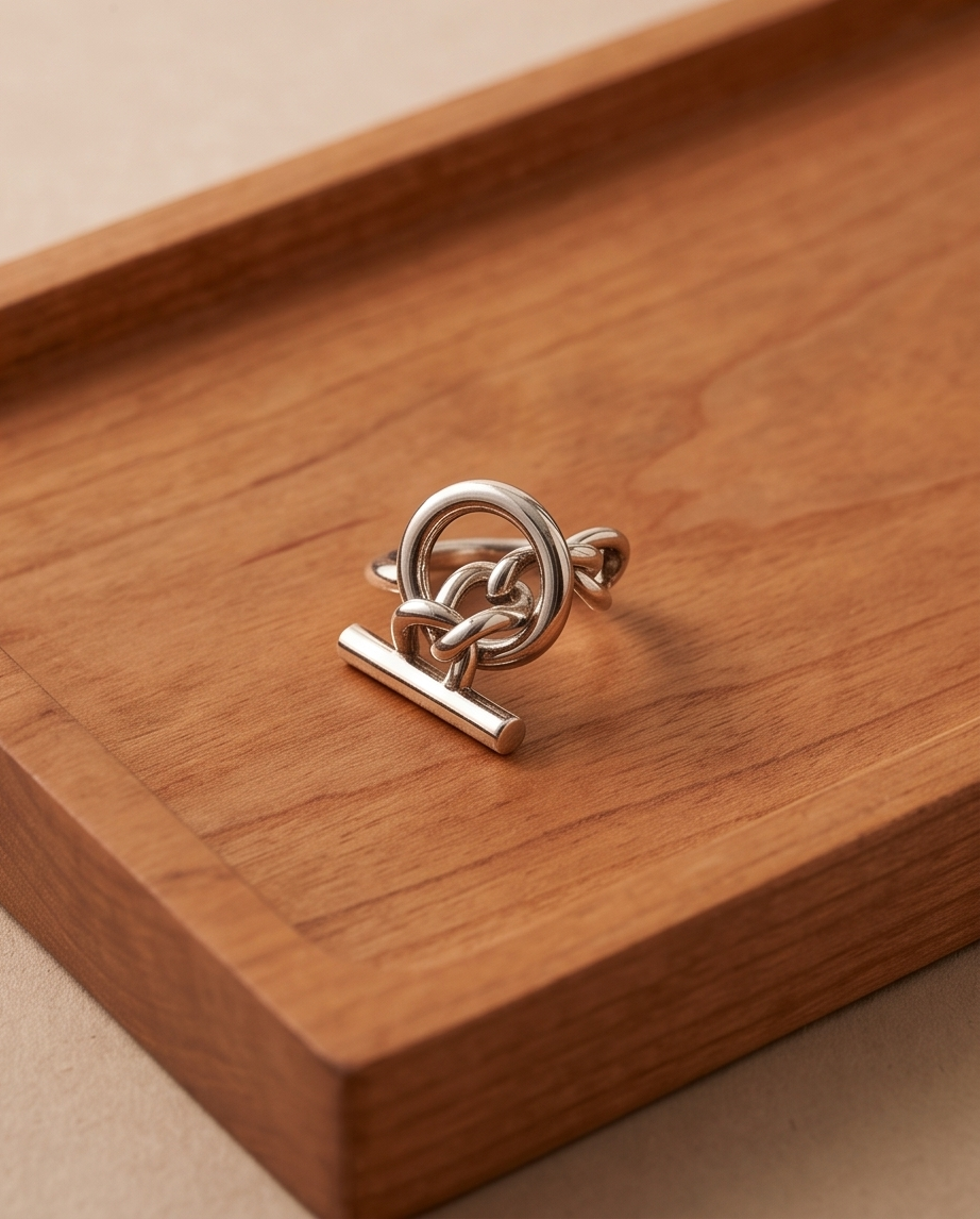 925 silver plated high polish celtic love knot circle toggle bar open adjustable ring on warm cherry wood tray showing sculptural knot and circle halo from above