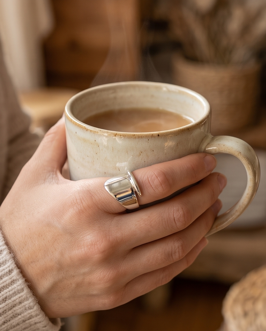 Model's hand holding speckled ceramic coffee mug wearing 925 silver plated chunky cushion signet open adjustable ring in cream knit sleeve — cosy lifestyle editorial