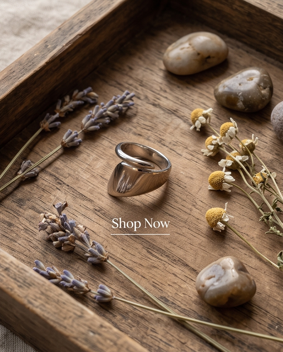 925 silver plated chunky cushion signet open adjustable ring on rustic wooden tray with dried lavender, chamomile, pebbles and Shop Now text — botanical editorial campaign