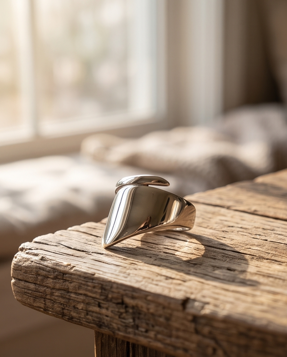 925 silver plated high polish chunky cushion signet open adjustable ring on edge of weathered driftwood in warm window light — slow living editorial