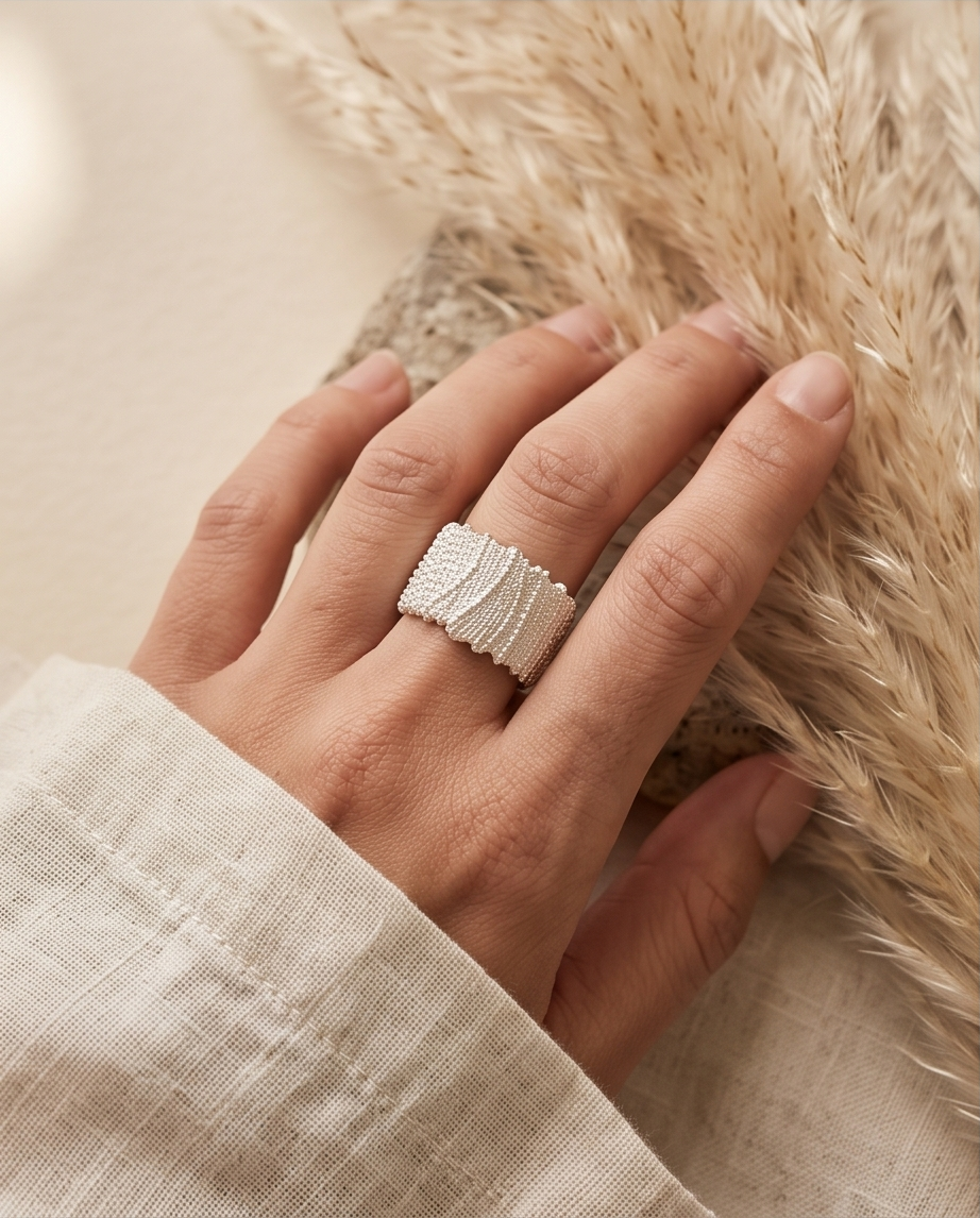 925 silver plated granular textured wide cuff open adjustable ring resting on weathered driftwood in warm natural light showing wide open cuff silhouette and raised bead texture detail