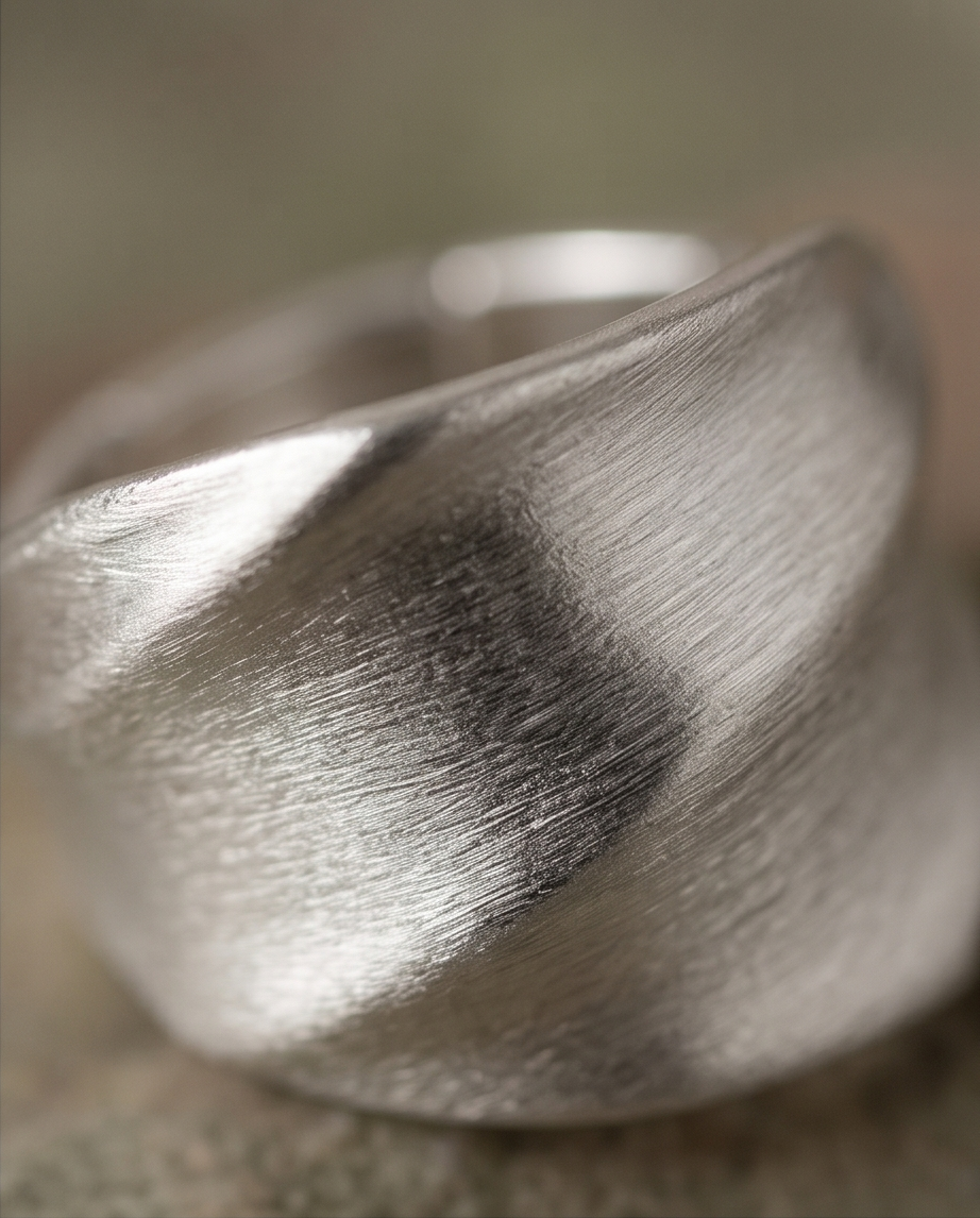 Extreme macro close up of 925 silver plated brushed dome sculptural twisted facet wide band ring showing satin brushed texture, diagonal facet planes and light reflection across the dome