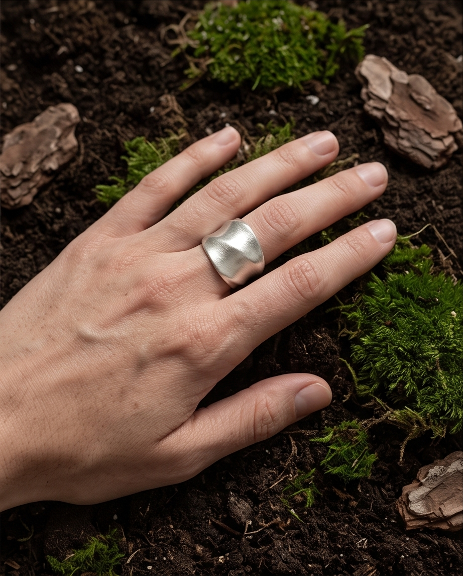 Model's hand pressed into dark forest soil surrounded by green moss and pine bark wearing 925 silver plated brushed dome sculptural twisted facet wide band ring — earthy nature lifestyle editorial