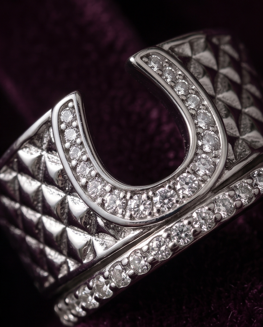 Extreme macro close up of 925 silver plated CZ pave horseshoe quilted wide cuff open adjustable ring on deep plum velvet showing pavé cubic zirconia horseshoe centrepiece, quilted pyramid texture band and crystal row border in dramatic low light