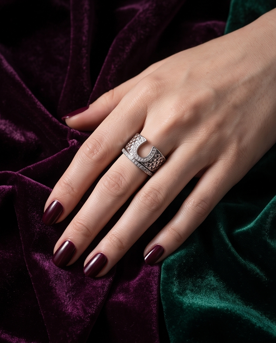 Model's hand resting on deep plum and emerald green velvet wearing 925 silver plated CZ pave horseshoe quilted wide cuff open adjustable ring with burgundy gel nails — dark luxury velvet editorial