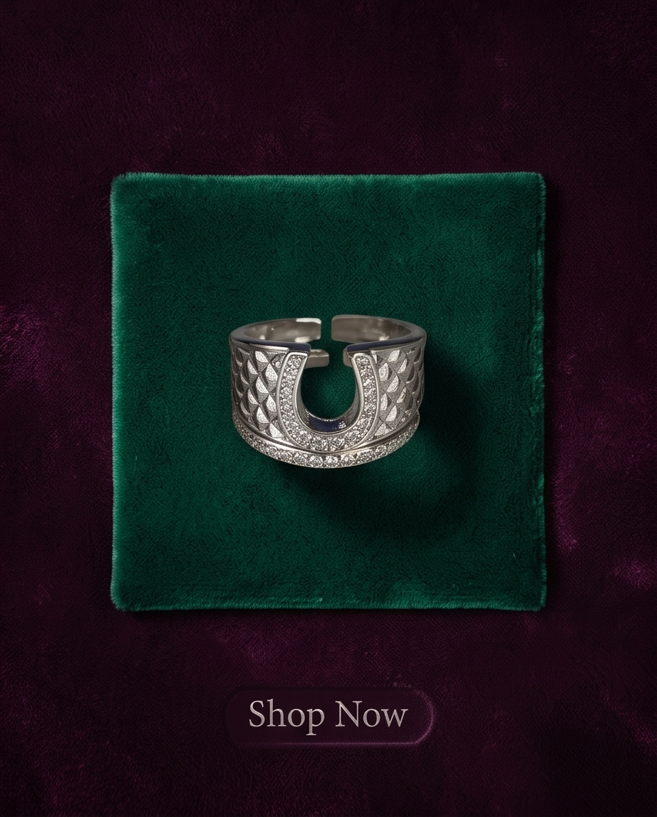 Shop Now campaign — 925 silver plated CZ pave horseshoe quilted wide cuff open adjustable ring on green velvet jewellery cushion on deep plum velvet background — dark luxury overhead product shot