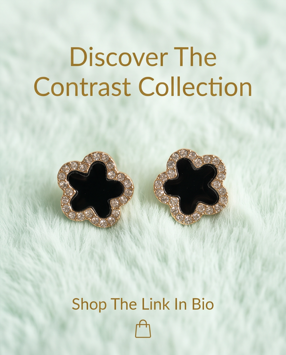 Discover The Contrast Collection campaign — gold tone black enamel clover CZ pave stud earrings on mint white fluffy fabric with gold serif text — social media editorial campaign shot