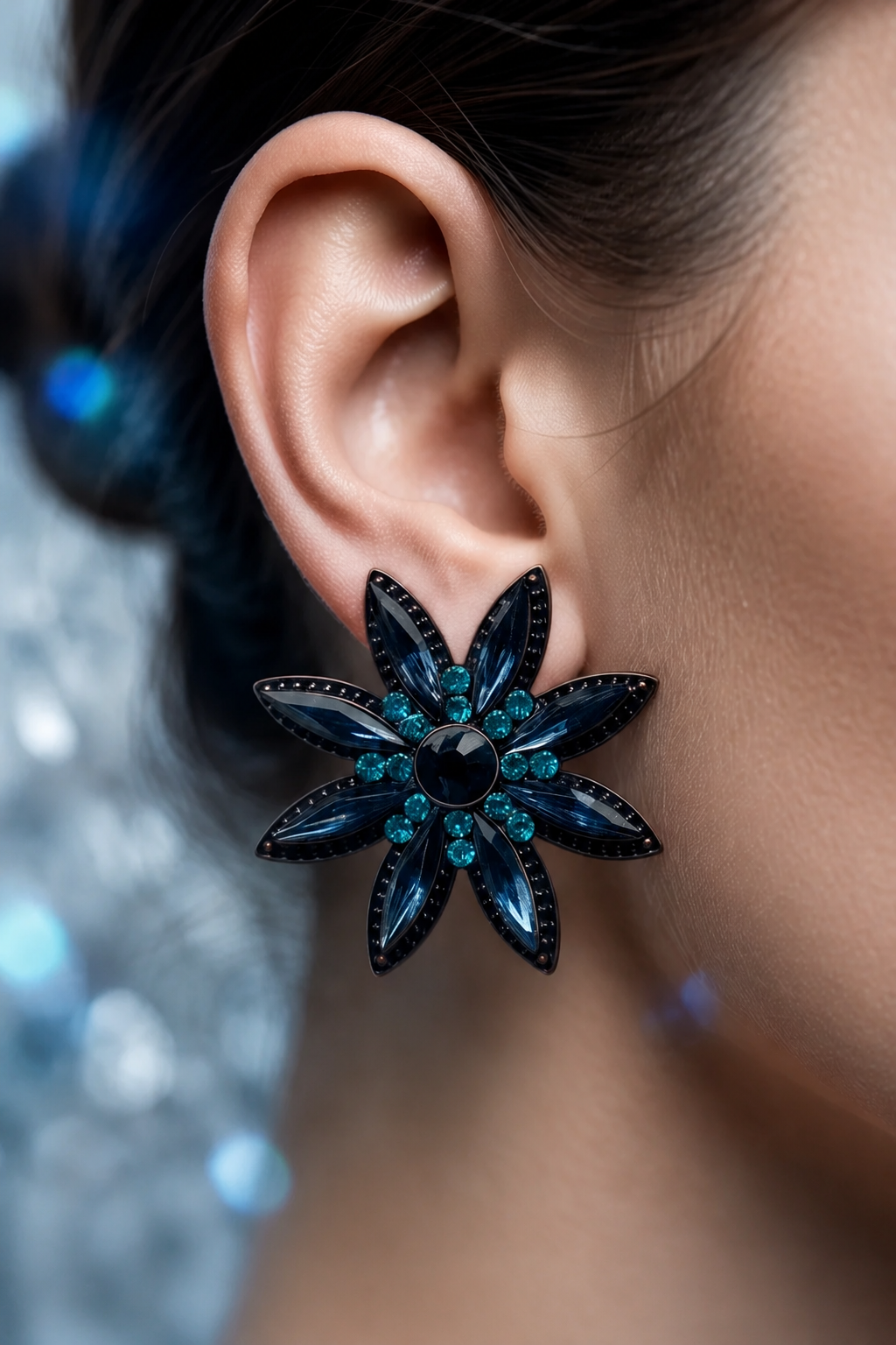 Navy Crystal Flower Stud Earrings close-up on model's ear