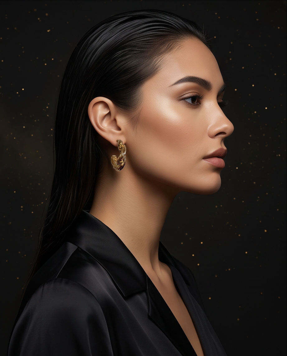 Gold Twisted Rope Hoop Earrings worn by model