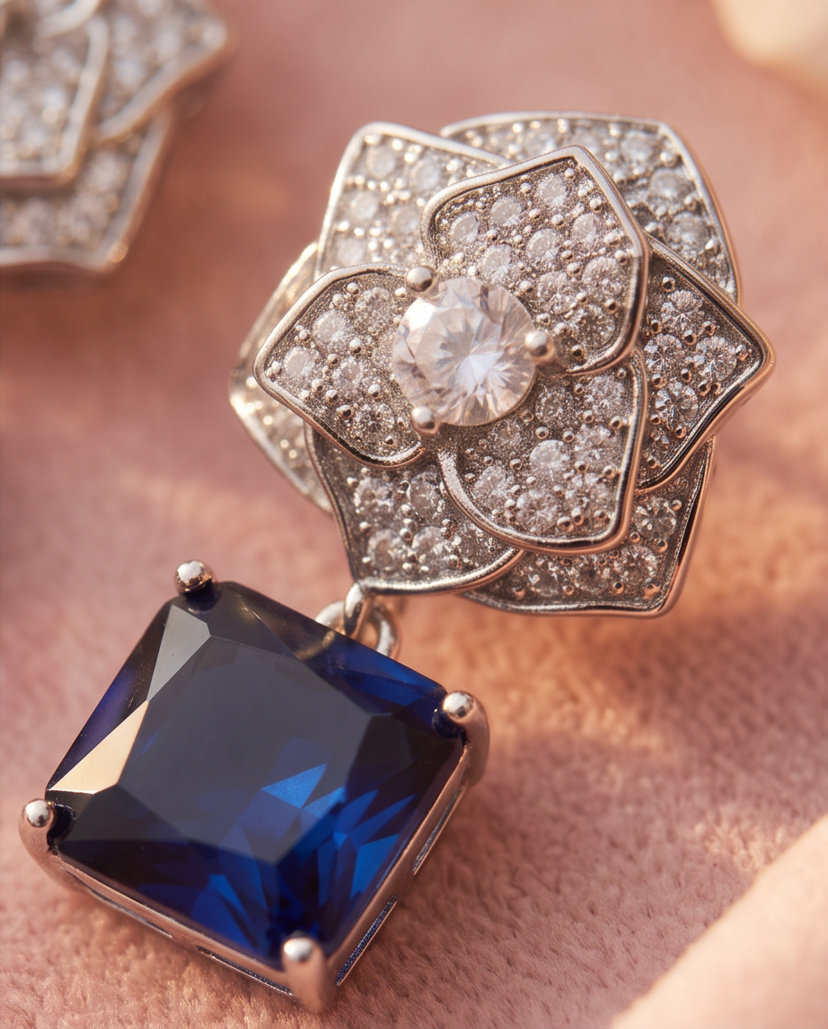Sapphire Rose Pavé Drop Earrings - macro close-up showing silver pavé rose stud and deep blue sapphire drop