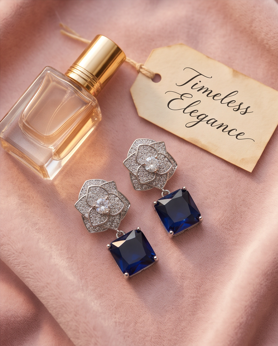Sapphire Rose Pavé Drop Earrings - lifestyle flat lay on blush velvet with perfume bottle and Timeless Elegance tag