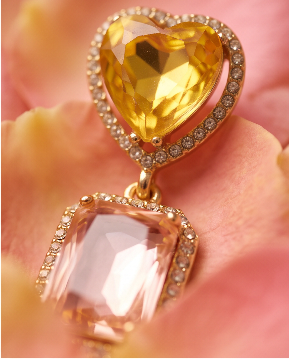 Citrine Heart & Rose Quartz Drop Earrings - flat lay on marble with pink roses and gold accessories