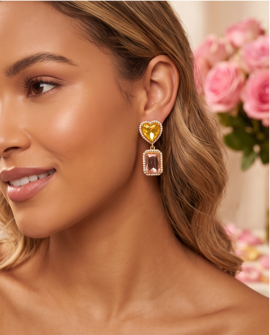 Citrine Heart & Rose Quartz Drop Earrings - close-up macro detail on pink rose petal background